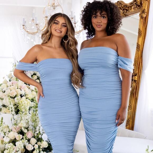 Club L Lost For Love Bardot Baby Blue Draped Midi Dress Off The Shoulder 12 - Picture 1 of 4